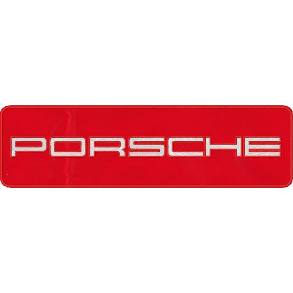 Patch ricamo scritta PORSCHE lunga cm. 28 di lunghezza per cm. 8 di altezza su base rossa