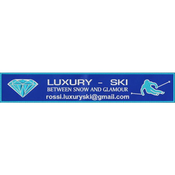Fascia ricamata Diamante LUXURY-SKI su base blu , cm. 28 x 5 