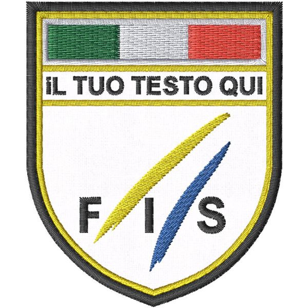 Scudetto ricamato con simbolo (FIS) e testo a piacere misura mm.80 x67 