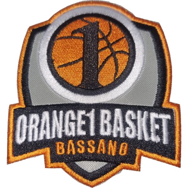 Patch ricamato stemma orange1 basket bassano su base grigia cm. 9x7,5 