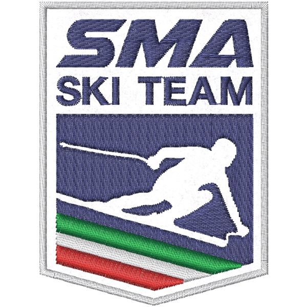 Patch ricamato  stemma SMA  SKI TEAM  cm.8 x 6 su base BIANCA 