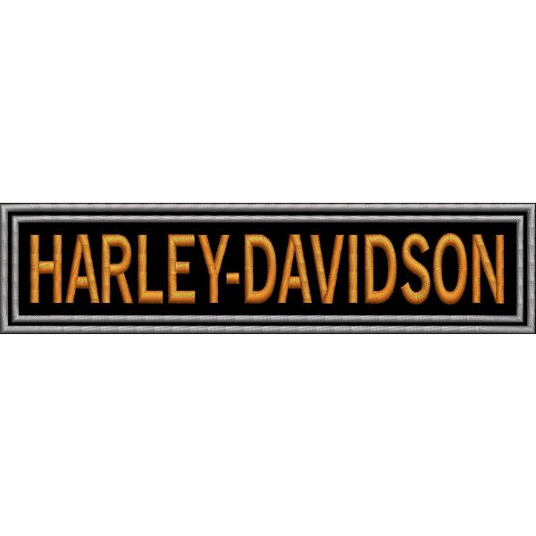 PATCH ricamata scritta arancione HARLEY-DAVIDSON su base nera cm. 24X6 di lunghezza 