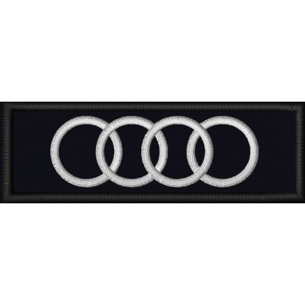 Stemma logo 4 cerchi AUDI  ricamati 90x30 mm.su base nera  