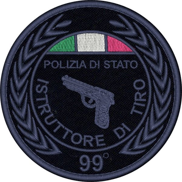 ISTRUTTORE DI TIRO Polizia di Stato ,con corso nr.99  o personalizzabile, patch ricamato a bassa visibilita con tricolore su base tessuto bluNAVY