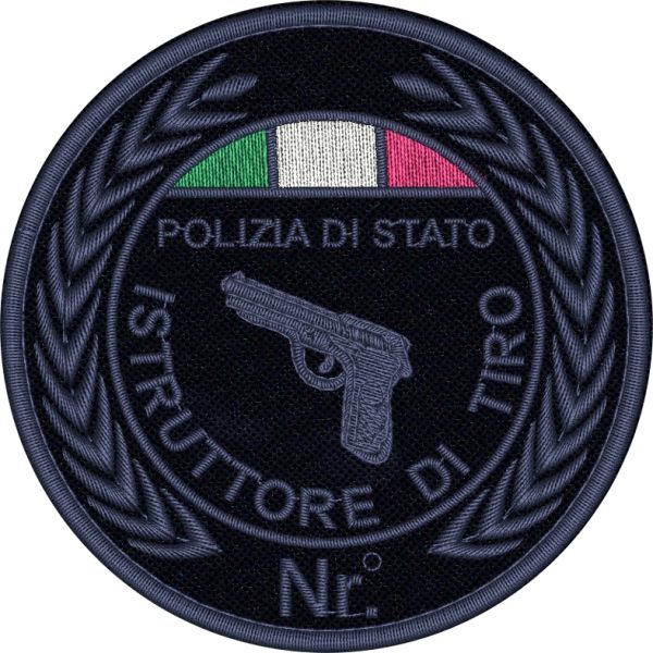 ISTRUTTORE DI TIRO Polizia di Stato ,con corso nr.99  o personalizzabile, patch ricamato a bassa visibilita con tricolore su base tessuto bluNAVY