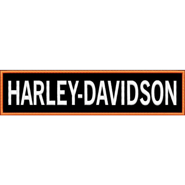 PATCH ricamata scritta HARLEY-DAVIDSON bianca e cornice arancio su base nera cm. 24X6 di lunghezza C