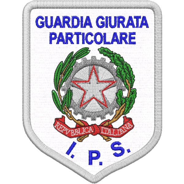 Scudetto ricamato cm. 9 x 7 su base bianca Guardia Particolare Giurata I. P. S. 