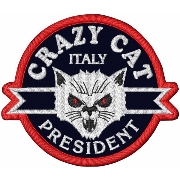 Patch ricamato BIKERS CRAZY CAT cm. 8 x 7 su base nera SENZA NOME INCARICO