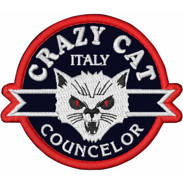 Patch ricamato BIKERS CRAZY CAT cm. 8 x 7 su base nera SENZA NOME INCARICO