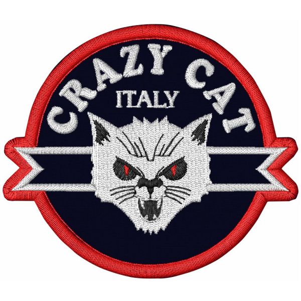 Patch ricamato BIKERS CRAZY CAT cm. 8 x 7 su base nera SENZA NOME INCARICO