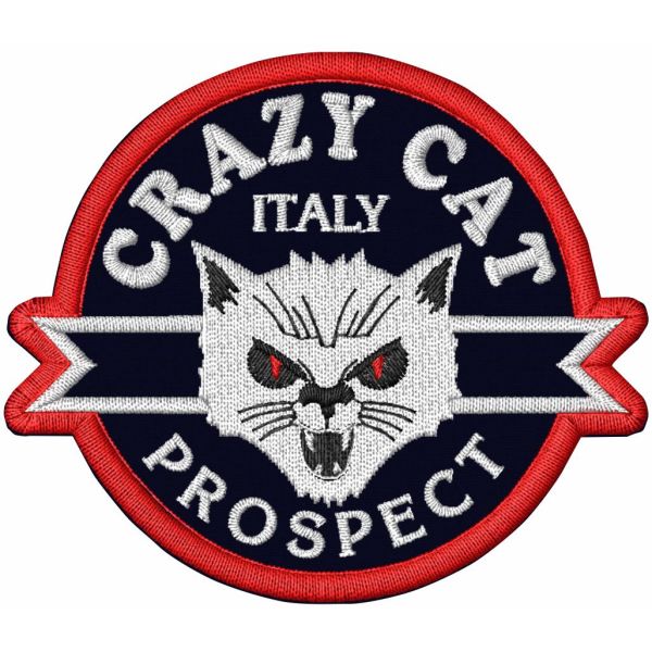 Patch ricamato BIKERS CRAZY CAT cm. 8 x 7 su base nera SENZA NOME INCARICO