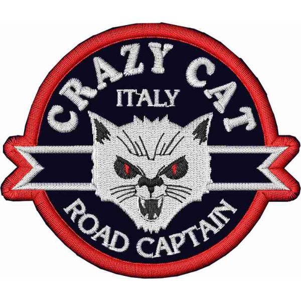 Patch ricamato BIKERS CRAZY CAT cm. 8 x 7 su base nera SENZA NOME INCARICO
