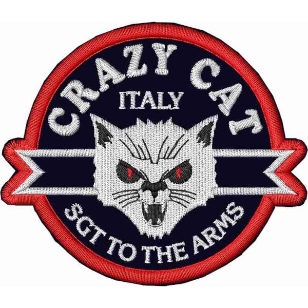 Patch ricamato BIKERS CRAZY CAT cm. 8 x 7 su base nera SENZA NOME INCARICO