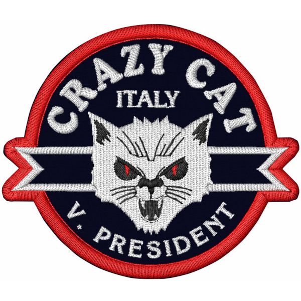 Patch ricamato BIKERS CRAZY CAT cm. 8 x 7 su base nera SENZA NOME INCARICO