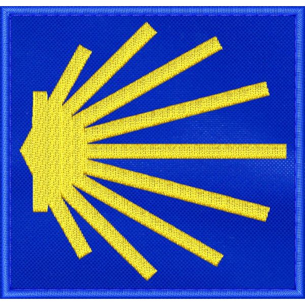 Patch Ricamato San Giacomo di Compostella cm.7,5x7,5 su base blu royal. 