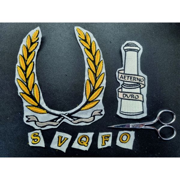 Serie di patch ricamate su idrosolubile da comporre logo IL FITTONE GOLIARDIA BOLOGNA