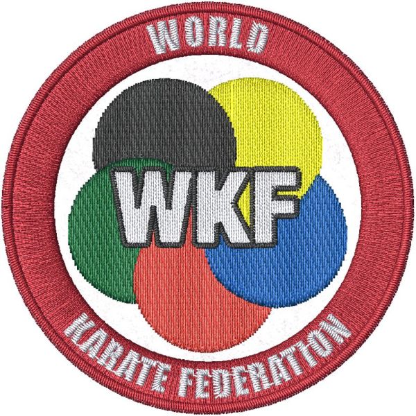 Stemma tondo RICAMATO WKF WORLD KARATE FEDERATION diametro cm.7 su base bianca