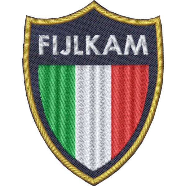 Scudetto ricamato con tricolore FIJLKAM mm. 75 X 60 su base blu navy