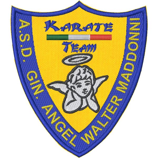 Scudetto ricamato Karate Team A.S.D. GIN. ANGEL  cm.7,5 X 8,5 su base gialla 