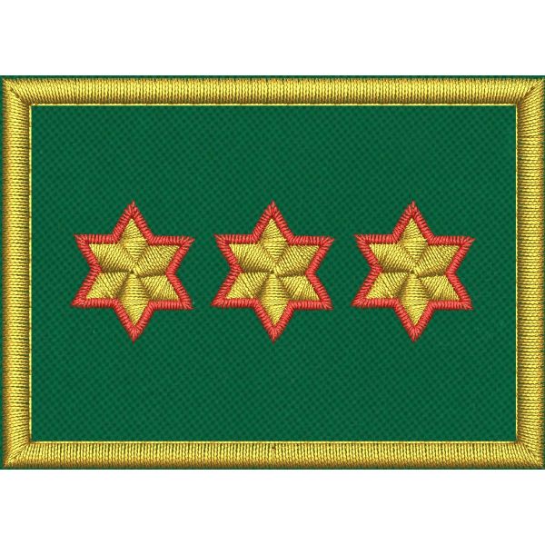 Mostrina ricamata cm. 7 x 5 su base VERDE con 3 stelle dorate e bordo rosso 