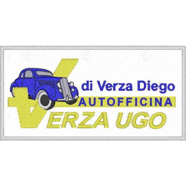 Patch ricamato autofficina VERZA su base bianca cm. 10 di base 