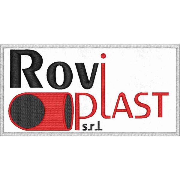 Patch ricamato logo ROVI PLAST su cordura bianca cm. 10 di base
