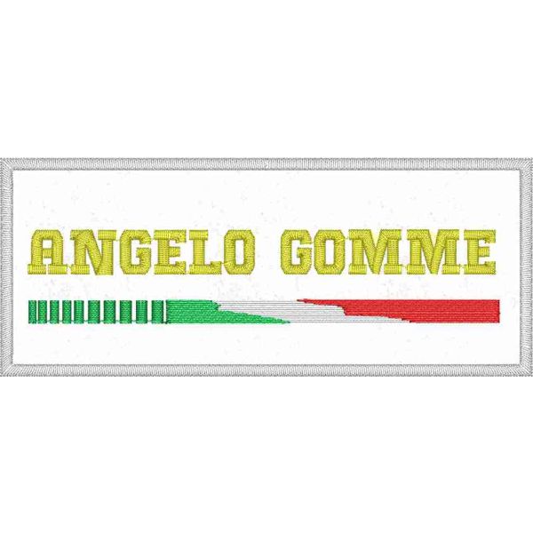 Patch ricamato logo ANGELO GOMME su cordura bianca cm. 10 di base