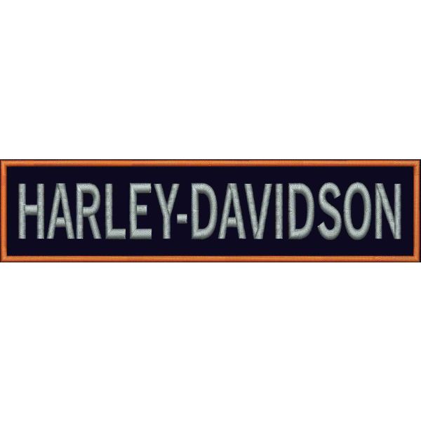 PATCH ricamata scritta HARLEY-DAVIDSON grigia e cornice arancio su base nera di panno cm. 24X6 di lunghezza 