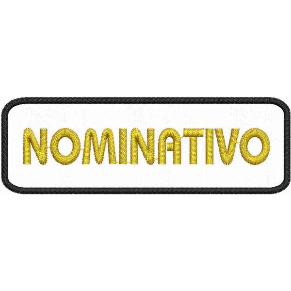 PATCH  NOMINATIVO SU BASE BIANCA E CON FILATI  GIALLO-NERO CON NOME A PIACERE DI DIMENSIONI cm 9 x 3