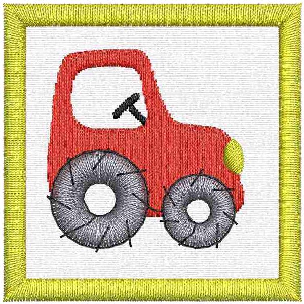 Contrassegno ricamato con trattore rosso su base tessuto bianco - Mis. 50x50 mm. 