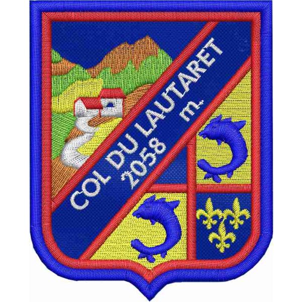 Patch ricamato col du lautaret Francia su tessuto blu base cm. 6,5 x 8,0