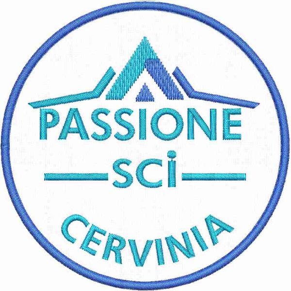 Patch ricamato logo PASSIONE SCI Cervinia, su base bianca e diametro mm.85 