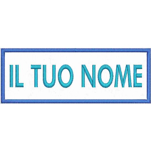 PATCH  CON NOME CON VELCRO MASCHIO AD UNCINO su base bianca con misure cm 9 x 3