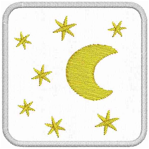 Contrassegno ricamato con luna e stelle su base tessuto bianco - Mis. 50x50 mm