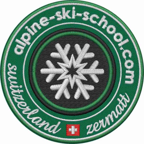 Patch ricamato su base verde Alpine ski school switzerland diam. mm. 90 