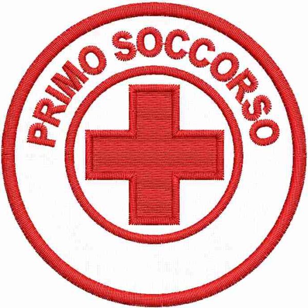 Patch ricamato PRIMO SOCCORSO con filato  verde 70 mm. 
