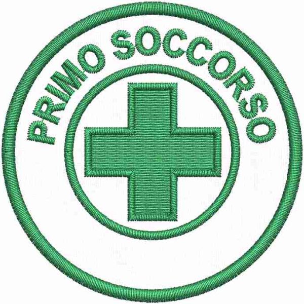 Patch ricamato PRIMO SOCCORSO con filato  verde 70 mm. 