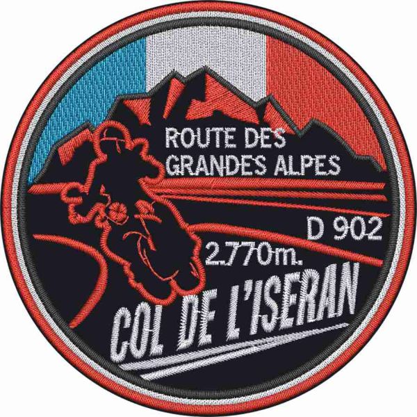 Patch Ricamato ROUTE DES GRANDES ALPES (Col de l iseran) m.2770 su base nera diam. cm. 9 