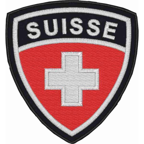 Scudetto ricamato "SUISSE" su base nera cm. 7,0 x 6,5