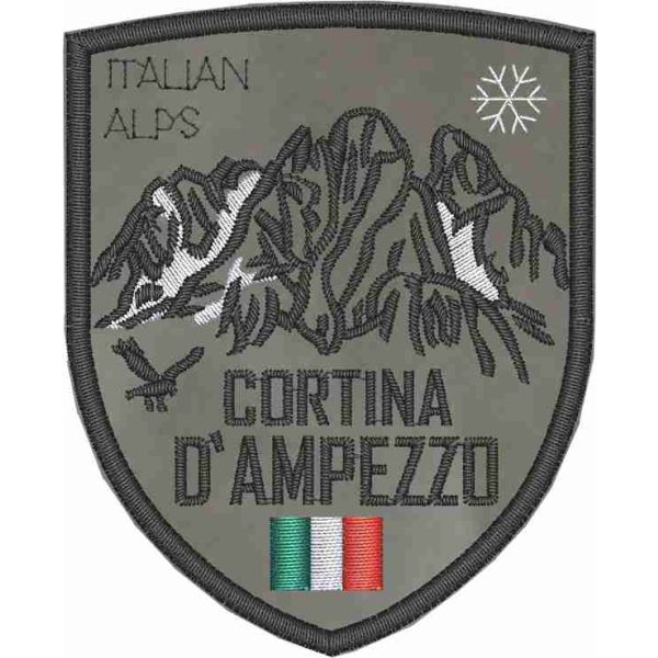 Scudetto ricamato su base GRIGIA cm. 7,5 x 6,0 ,CORTINA D'AMPEZZO 