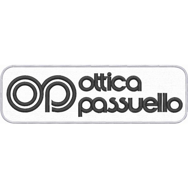 Patch ricamato Ottica Passuello su base bianca cm. 23 x 7 