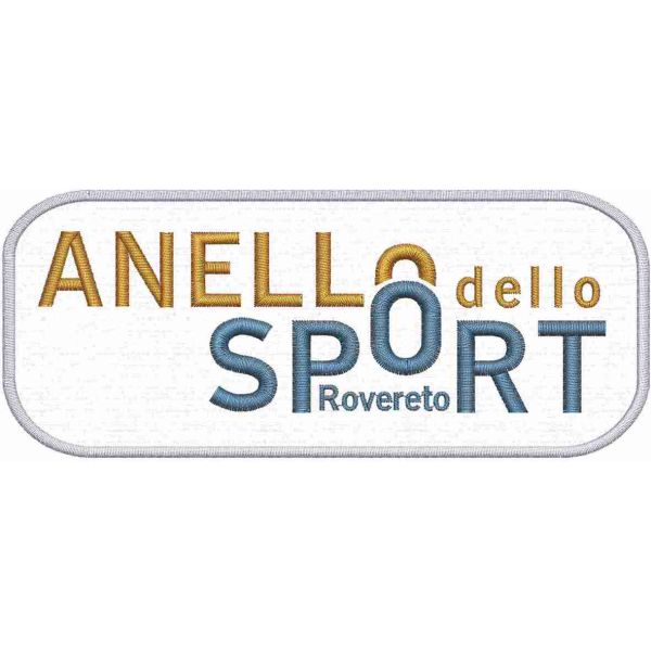 Patch ricamato ANELLO DELLO SPORT  base bianca cm. 12 x 5