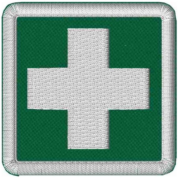 Patch ricamato su verde simbolo ISO DEL PRIMO SOCCORSO dimensioni 5 x 5 cm. c