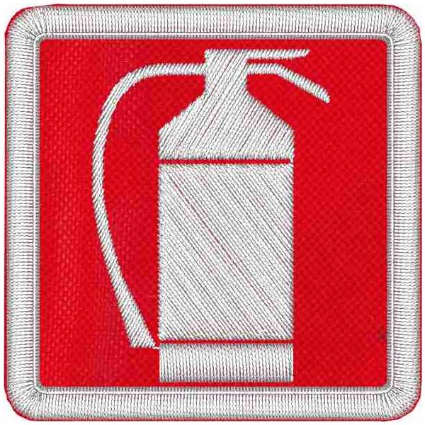 Patch ricamato su ROSSO simbolo ISO ESTINTORE dimensioni 5 x 5 cm