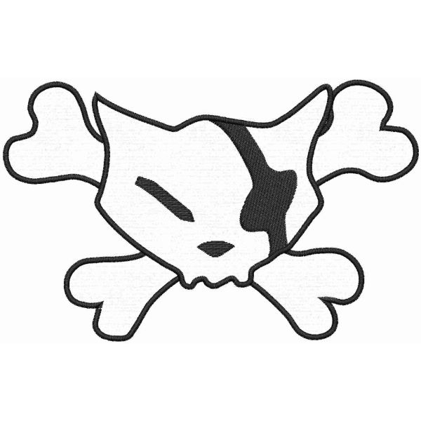 Patch ricamato su base bianca e ritagliato su sagoma gatto pirata con ossa cm. 16 x 10