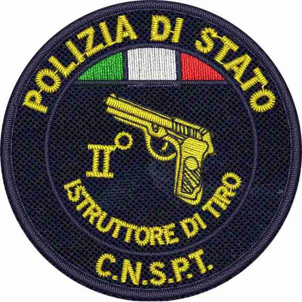 ISTRUTTORE DI TIRO II LIVELLOC.N.S.P.T. Polizia di Stato con mirino ,patch ricamato con tricolore su base tessuto bluNAVY Cod.20220209_A