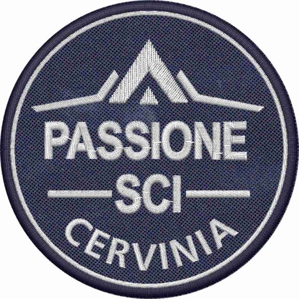 Patch ricamato logo PASSIONE SCI Cervinia, su base Blu Navy e diametro mm.85 