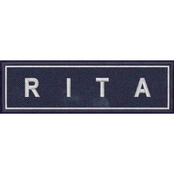 Patch con nome "RITA" su base Blu navy con misure cm 10 x 3 