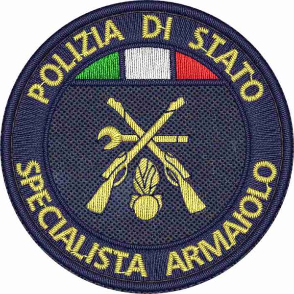 Patch ricamato diam. cm.6 SPECIALISTA ARMAIOLO POLIZIA DI STATO ,ricamato su base tessuto blu navy