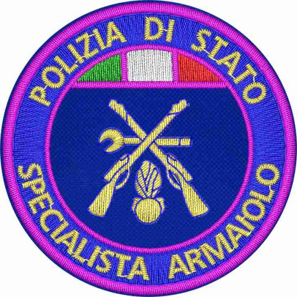 Patch ricamato diam. cm.6 SPECIALISTA ARMAIOLO POLIZIA DI STATO ,ricamato su base tessuto blu navy